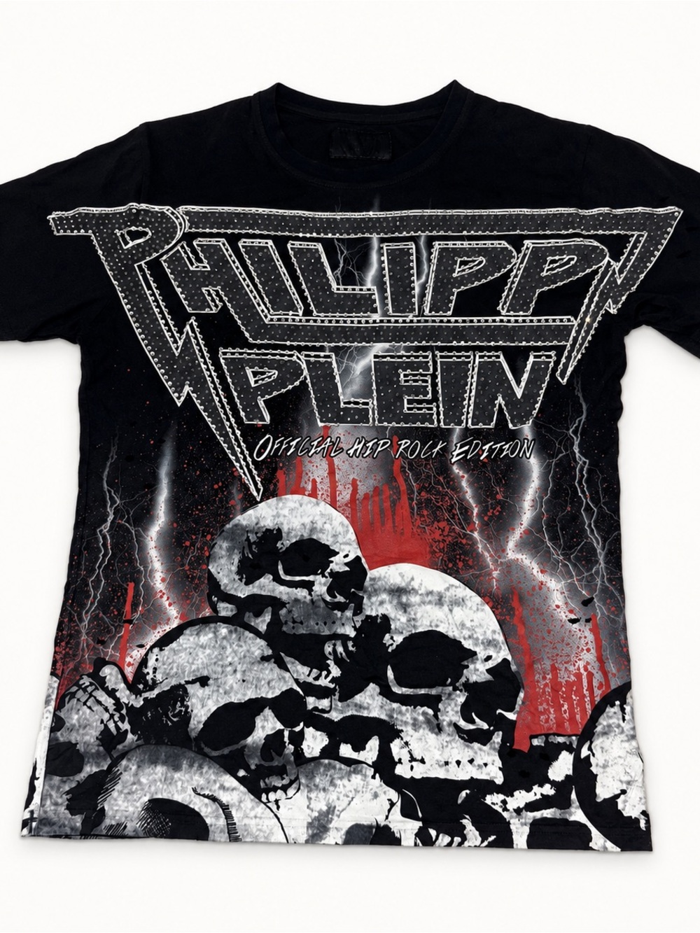Philipp Plein Black Graphic Skull Lightning Tee with Red Accents